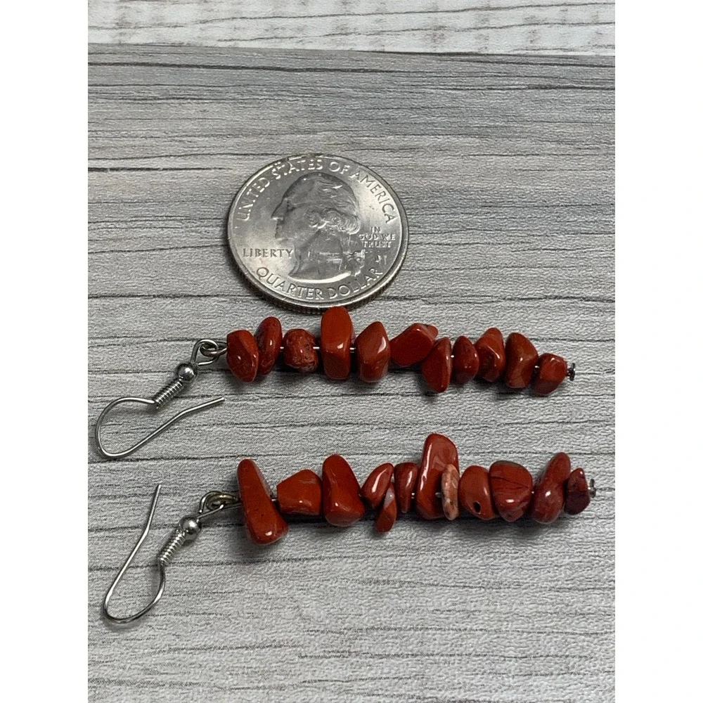 Red Jasper Stone Chip Dangle Earrings Silver Tone Boho Drop 4528